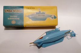 1970's Sutcliffe tinplate clockwork "Unda-Wunda" diving submarine, pale blue in yellow and blue box