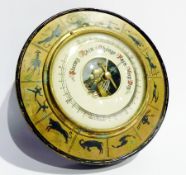 Aneroid barometer, enamel dial, within a circular frame with zodiac design, diameter 16cm