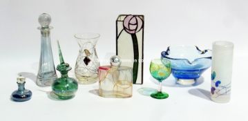 Quantity of decorative coloured glass to include scent bottles, vases, bowls etc.