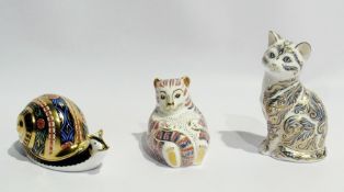 Three Royal Crown Derby paperweights viz:- limited edition "Majestic Cat" 640/3500, "Garden Snail"