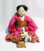 1930's Japanese boy doll, composition head, shoulders, hands and feet, in pink and red Japanese