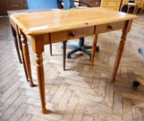 Pine side table, rectangular with two narrow short drawers on turned supports