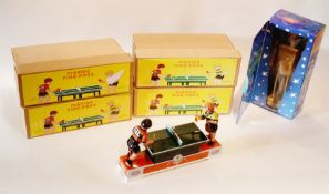 Five Chinese modern tinplate "Playing Ping-pong" toys in box and three Chinese clockwork tinplate