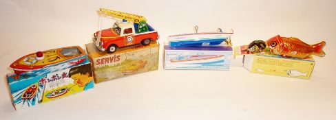 Schylling Chinese tinplate speedboat, boxed, Servis tinplate model crane car, boxed, Chinese