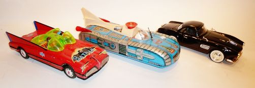 Japanese tinplate Batmobile, a German tinplate satellite automobile in box and a Luxe car boxed (3)
