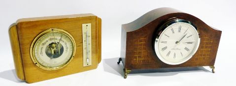 Art Deco style table barometer within a walnut case, and with temperature gauge together with a