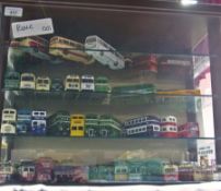 Quantity of Corgi and EFE coaches and double decker buses, various, within a glazed display case