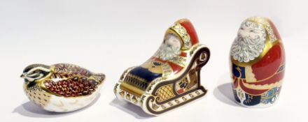 Three Royal Crown Derby paperweights, two with gold stoppers, one with silver stopper viz:- Santa