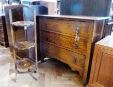 Oak chest of three long drawers and oak three-tier folding cakestand