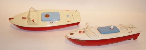 Early Sutcliffe tinplate electric Merlin Speedboat, with red hull, blue hatch cover and red tinplate