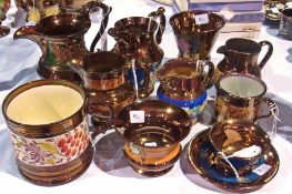 Quantity of copper lustre jugs, mug, vase and other items (10)