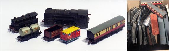 Quantity of tinplate 00 gauge rolling stock, with track and tank engine, etc.