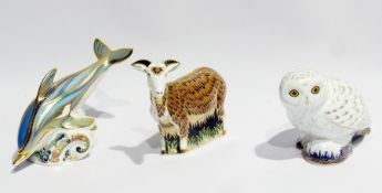 Three Royal Crown Derby paperweights viz:- "Nanny Goat", "Snowy Owl" and "The Striped Dolphin"