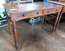 19th century mahogany side table having two frieze drawers with knob handles on ring turned supports