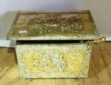 A brass covered wooden log box, together with a brass companion set