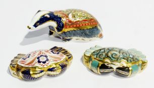 Three Royal Crown Derby paperweights viz:- "Moonlight Badger" with hexagonal gold stopper with No.21