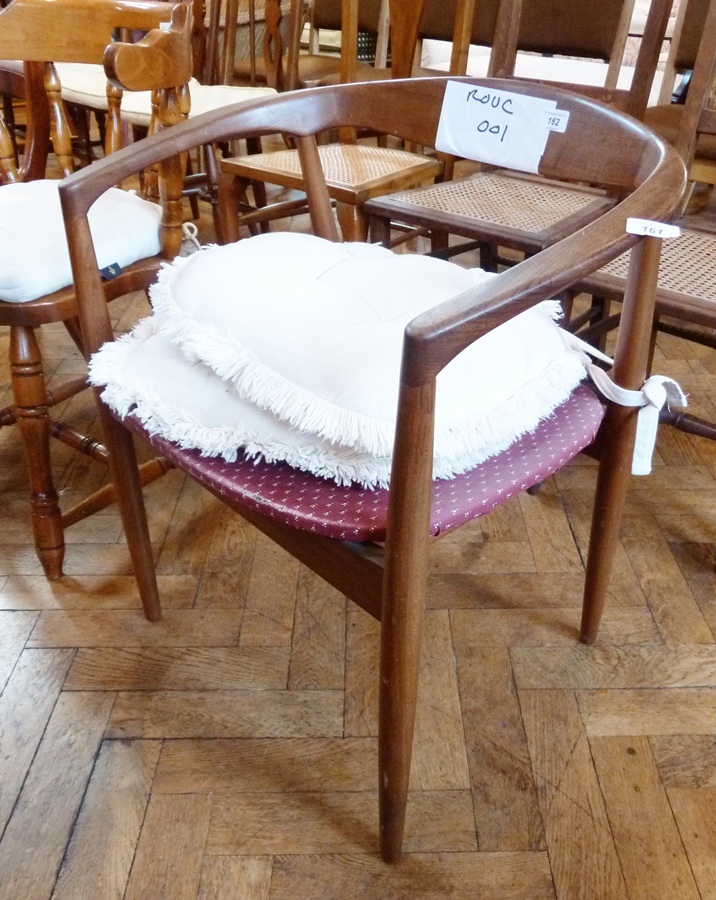 1960's dark wood curved back open-arm dining chair and modern stained wood kitchen dining chair with