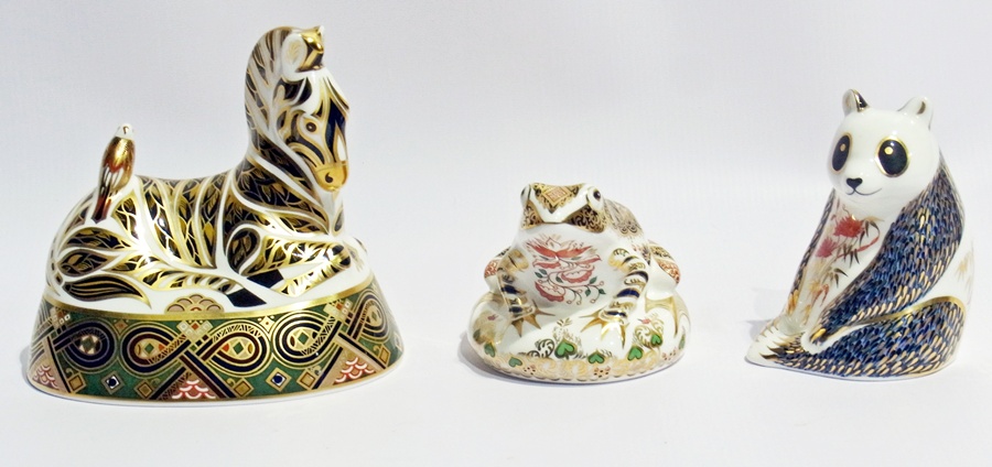 Three Royal Crown Derby paperweights viz:- "Zebra", "Old Imari Frog", No.2324/4500 and a panda