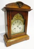 Early 20th century style German mantel clock, in a stained beech case, with silvered enamel dial