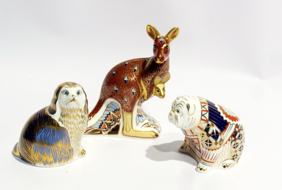 Three Royal Crown Derby paperweights viz:- a spaniel, a bulldog, and "Australian Collection