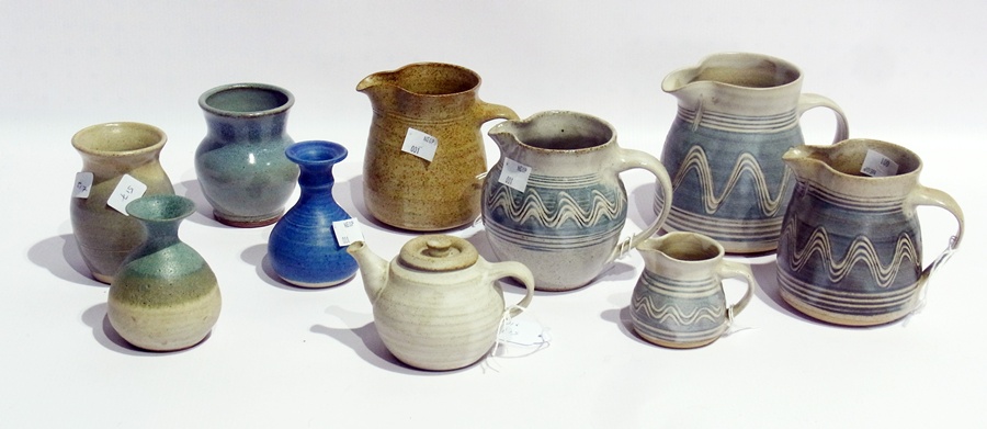 Quantity of studio pottery, jugs, small teapot, vases, etc. (10)