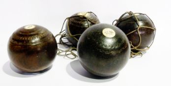 Four old bowls with ivory inserts, initialled and numbered