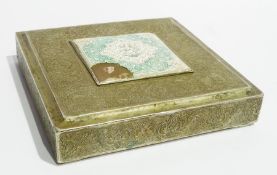 A Persian silver coloured box, possibly Arabian, with square ceramic hand painted plaque to lid with