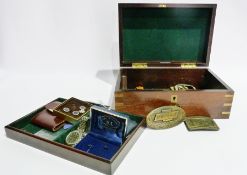 A reproduction mahogany box, the interior containing tray with two Seiko gent's watches, various