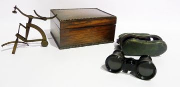 Pair of opera glasses in leather case, an oak cigarette box, a pair of brass scales (3)