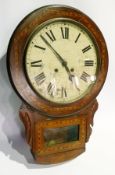 Victorian inlaid walnut cased wall clock, with enamel dial, with pendulum window below and a