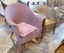 Two Lloyd Loom style tub chairs and bedroom chair with turned spindles