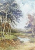 Oil on canvas
J.H.Flory 
River in wooded landscape, framed, 23cm x 16cm approx. and a 
Watercolour