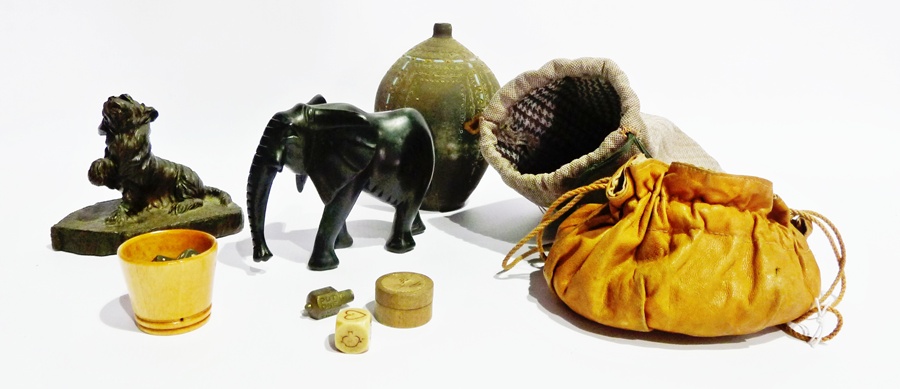 Two bags of marbles, pottery vase, carved African elephant, resin dog ornament, dice etc.