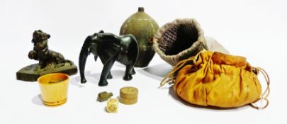 Two bags of marbles, pottery vase, carved African elephant, resin dog ornament, dice etc.