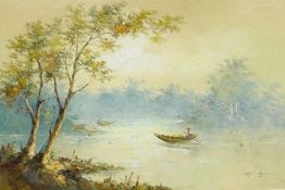 Oil on canvas
Stuart(?)
Asian(?) river scene, framed, signed, 59cm x 90cm