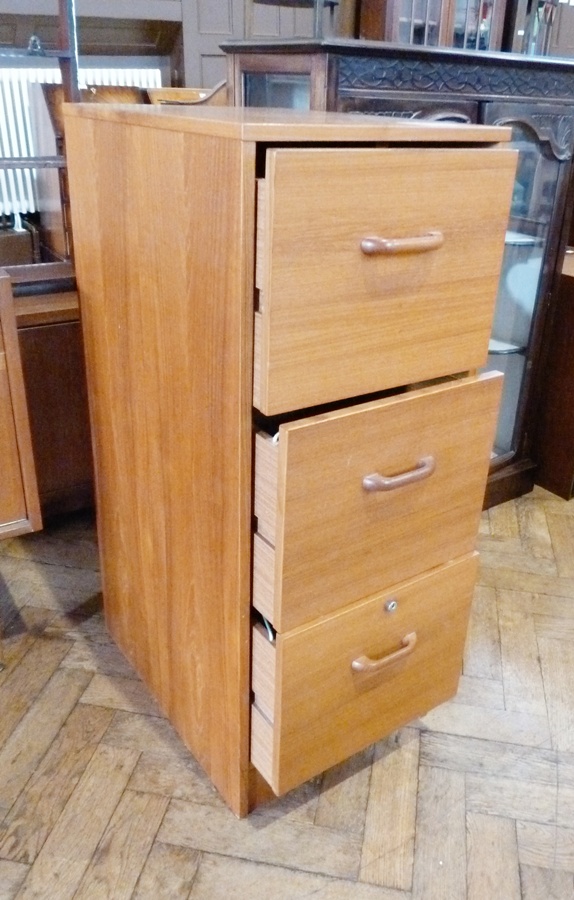 Modern stained wood three-drawer filing cabinet