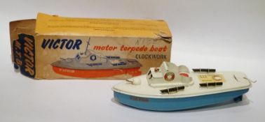 Sutcliffe tinplate clockwork Victor Motor Torpedo Boat, with blue hull, boxed