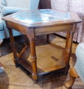 Modern stained wood glass and cane two-tier coffee table, hexagonal