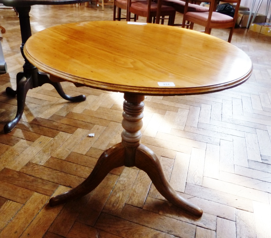 Oak and light wood circular tilt-top occasional table on ring turned column, scroll supports, 75cm