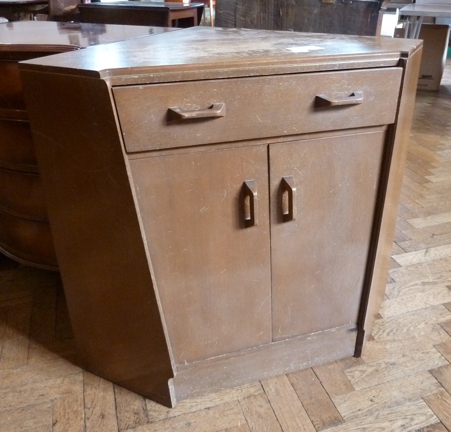 Mid 20th century stained wood corner secretaire cabinet having single secretaire drawer, cupboard