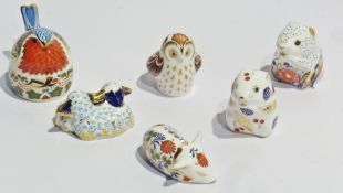 Six Royal Crown Derby paperweights, three with gold stoppers, three with silver stoppers viz:- "