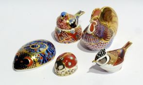 Five Royal Crown Derby paperweights viz:- a chicken, a  mouse, a beetle, "Chaffinch nesting" and "