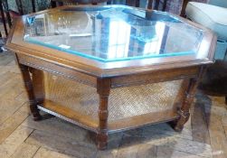 Modern stained wood glass and canework two tier coffee table, octagonal