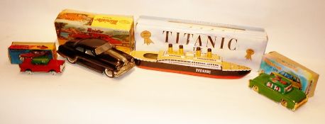 Quantity of Indian tinplate, modern motor cars (6), Indian tinplate rickshaw, boxed, tractor, boxed,