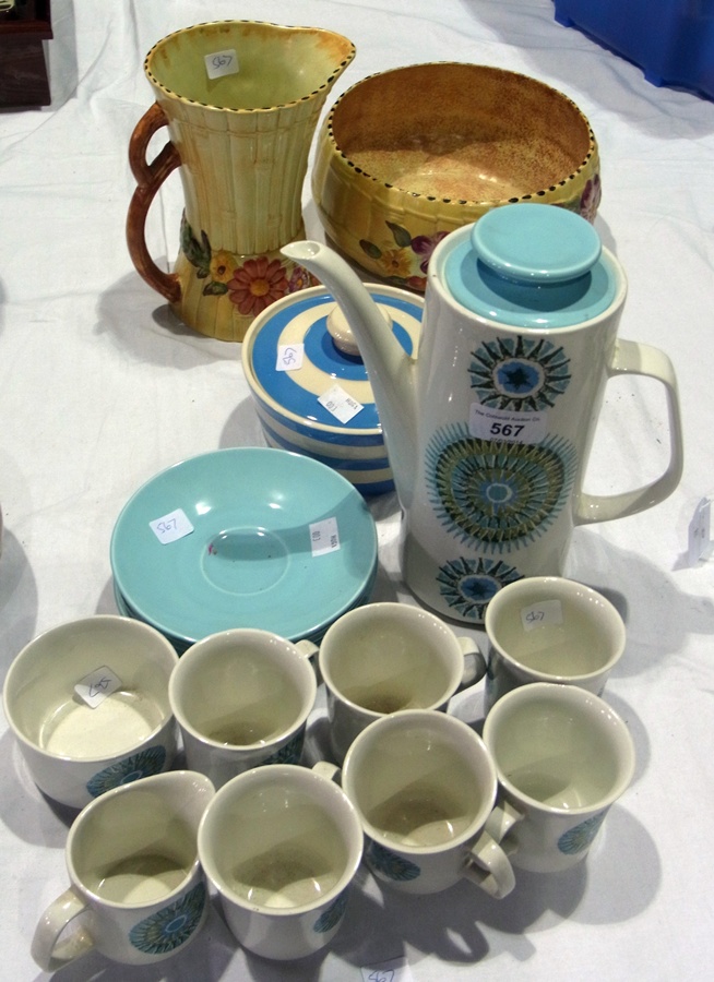 1960's meakin coffee set, white with blue star type decoration, T G Green type covered bowl,