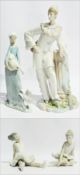 Nadal Spanish figure of male figure with guitar in clown attire, Nao figure of goose girl and two