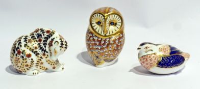 Three Royal Crown Derby paperweights including large owl, polar bear signed and game bird