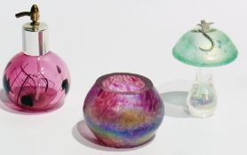 An opalescent glass toadstool with lizard surmount, an opalescent glass small bowl and an amethyst