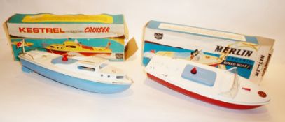 Sutcliffe tinplate electric model Kestrel cruiser with blue hull and hatch cover, white deck,