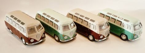 Four Japanese modern "Lucky Toy" tinplate VW campervans (2 brown and grey, and two green), 23cm